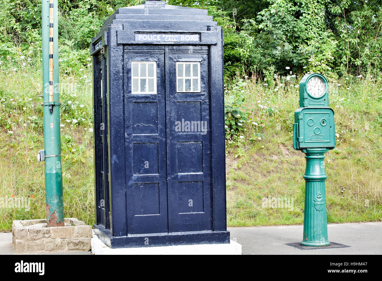 Blue Police telephone box- looks like Dr Who tardis -Crich tram museum,Derbyshire, England Stock Photo