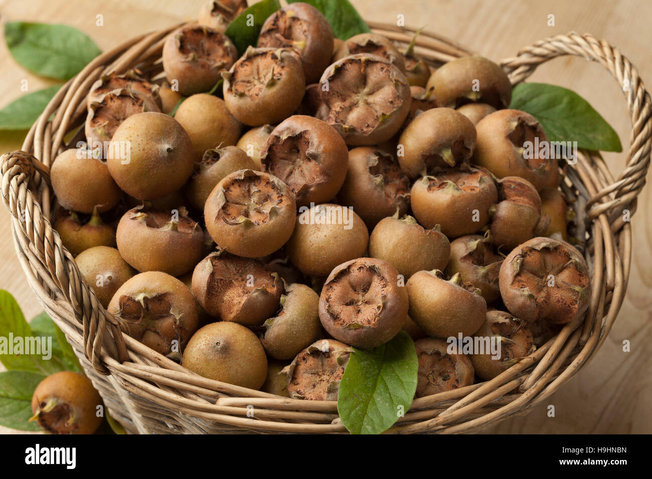 Fresh picked medlars in a basket Stock Photo