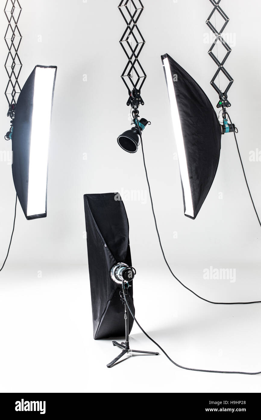 Empty photo studio with lighting equipment Stock Photo - Alamy