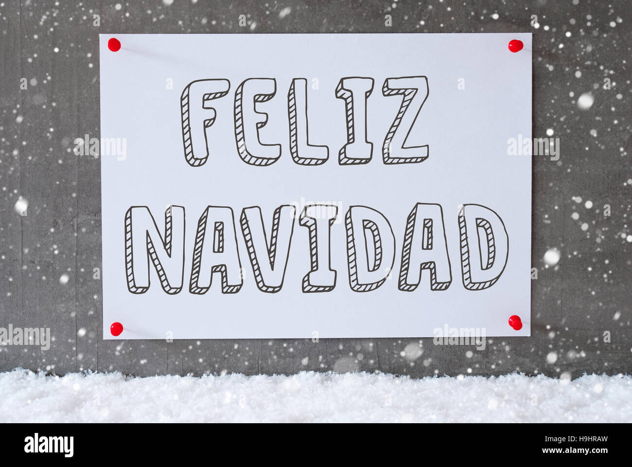 Label On Cement Wall, Snowflakes, Feliz Navidad Means Merry Christmas Stock Photo