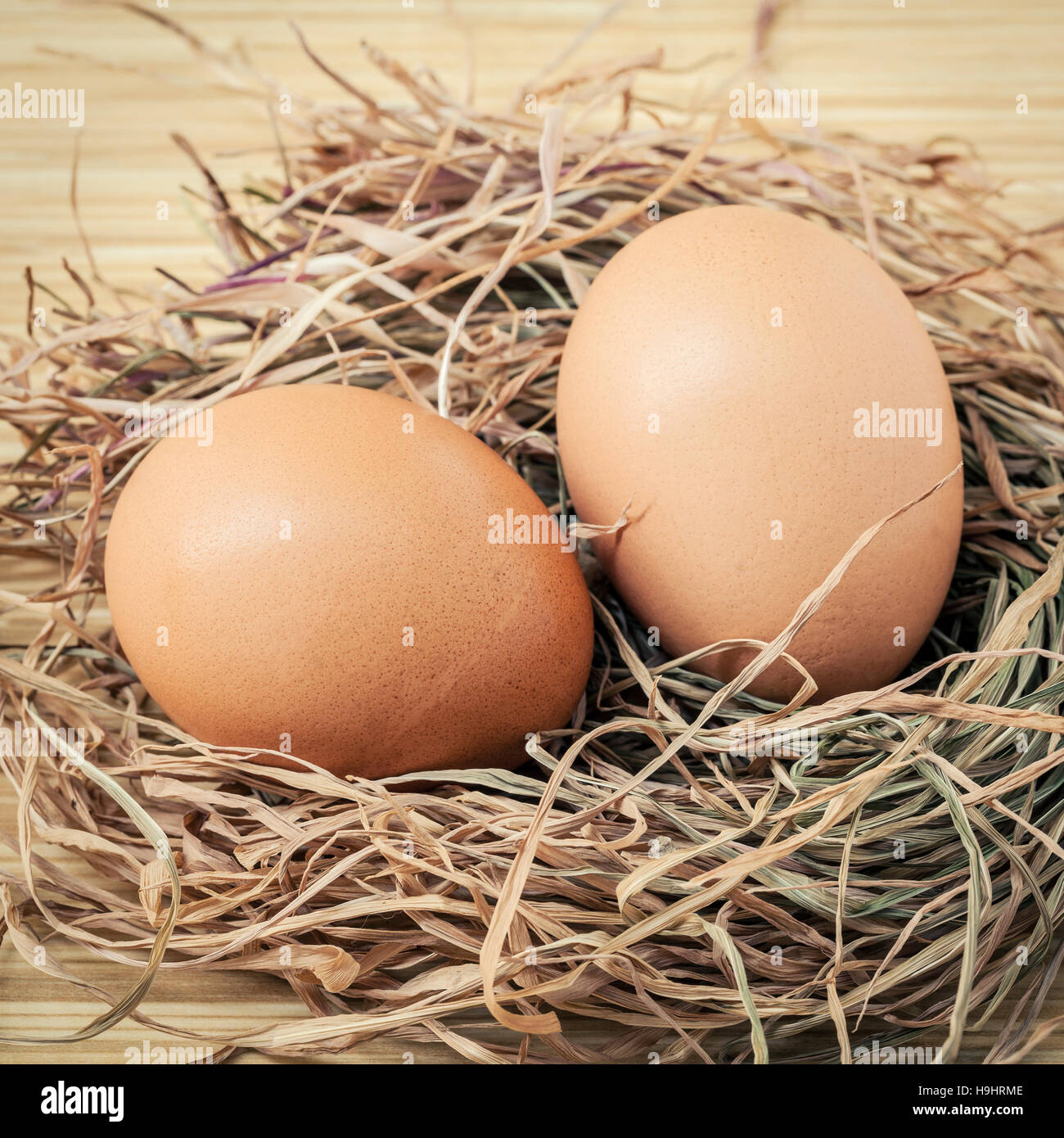 Closeup brown chicken eggs in a straw nest . Fresh organic eggs Stock Photo