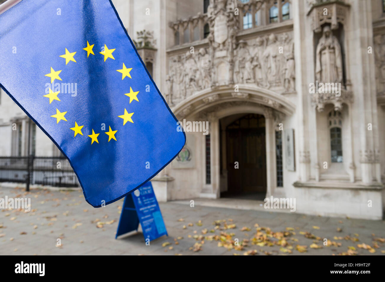 European Union flag flying in front of The Supreme Court of the United Kingdom in the public Middlesex Guildhall building Stock Photo