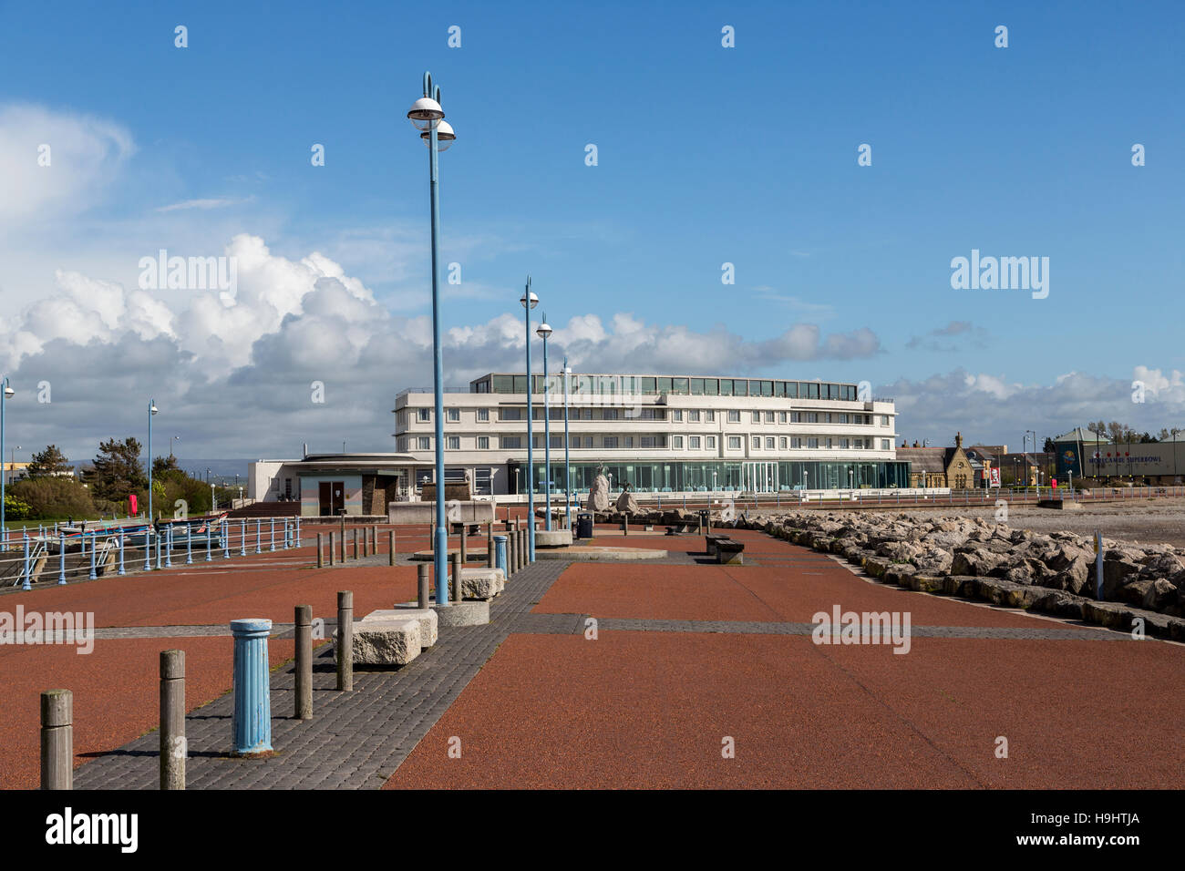 Sea front buildings from promenade on jetty, Morecambe, England, UK Stock Photo