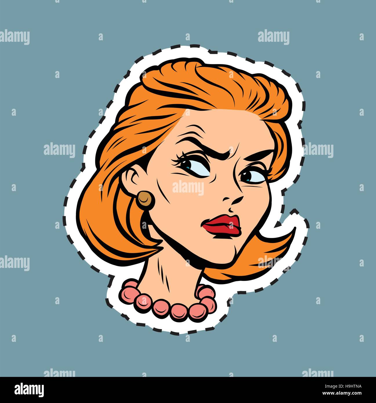 Angry girl face Emoji sticker label Stock Vector