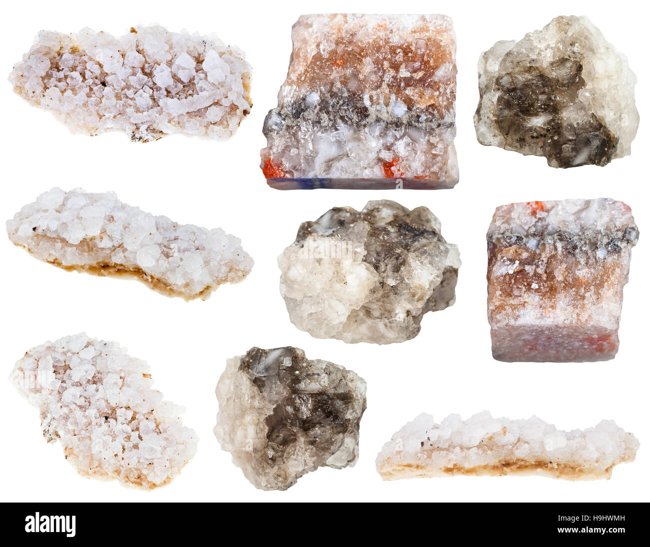 various halite (rock salt) and sea salt minerals isolated on white
