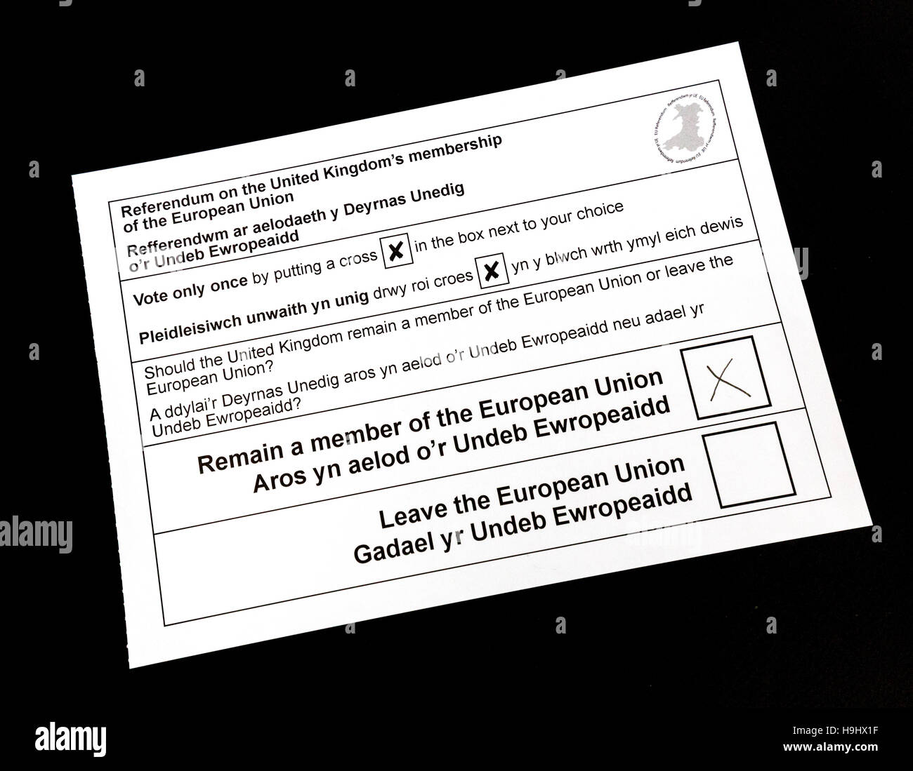 Voting paper for the 2016 UK referendum on remaining or leaving the European Union Stock Photo