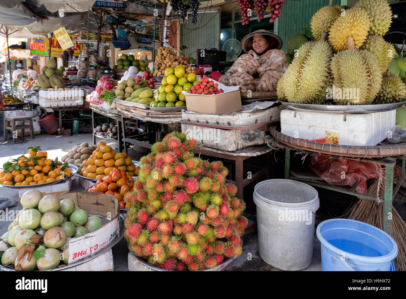 fruit and vegetable stall on a local market in Vinh Long, Mekong Delta, Vietnam, Asia Stock Photo