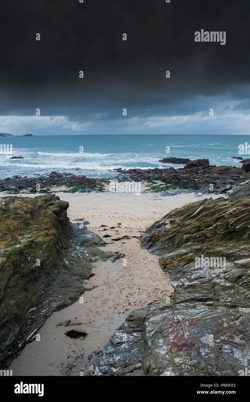 Storm Angus approaches Little Fistral on the North Cornwall coast. UK weather. Stock Photo