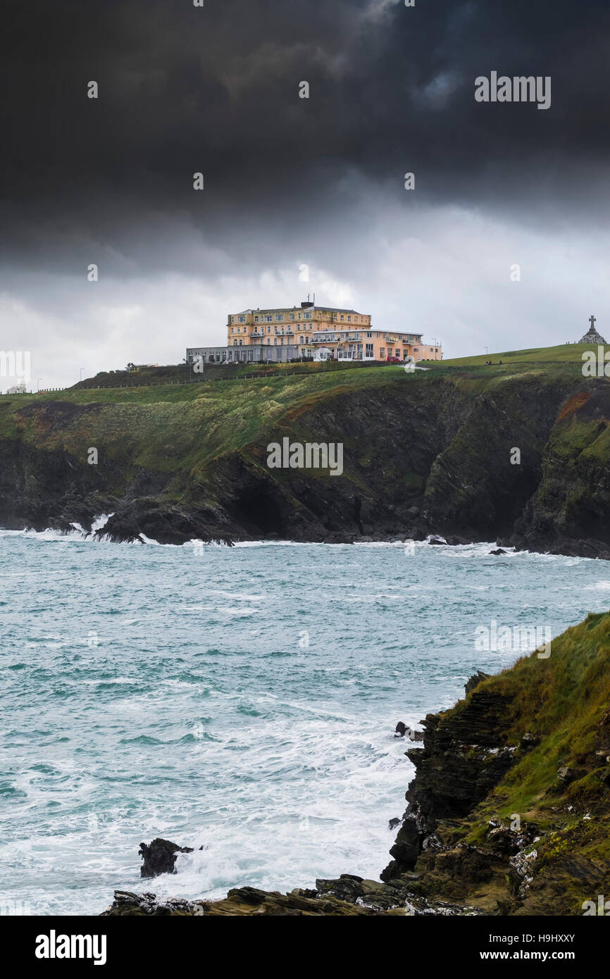 Heavy clouds from Storm Angus gather over The Atlantic Hotel in Newquay, Cornwall. Stock Photo
