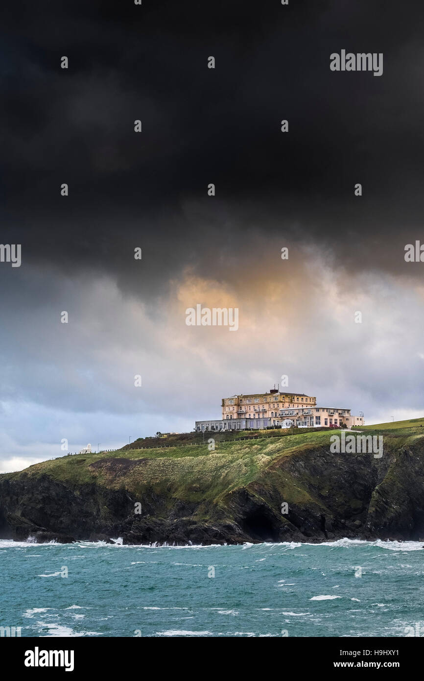 Dark clouds from Storm Angus gathering over The Atlantic Hotel in Newquay, Cornwall. UK weather. Stock Photo
