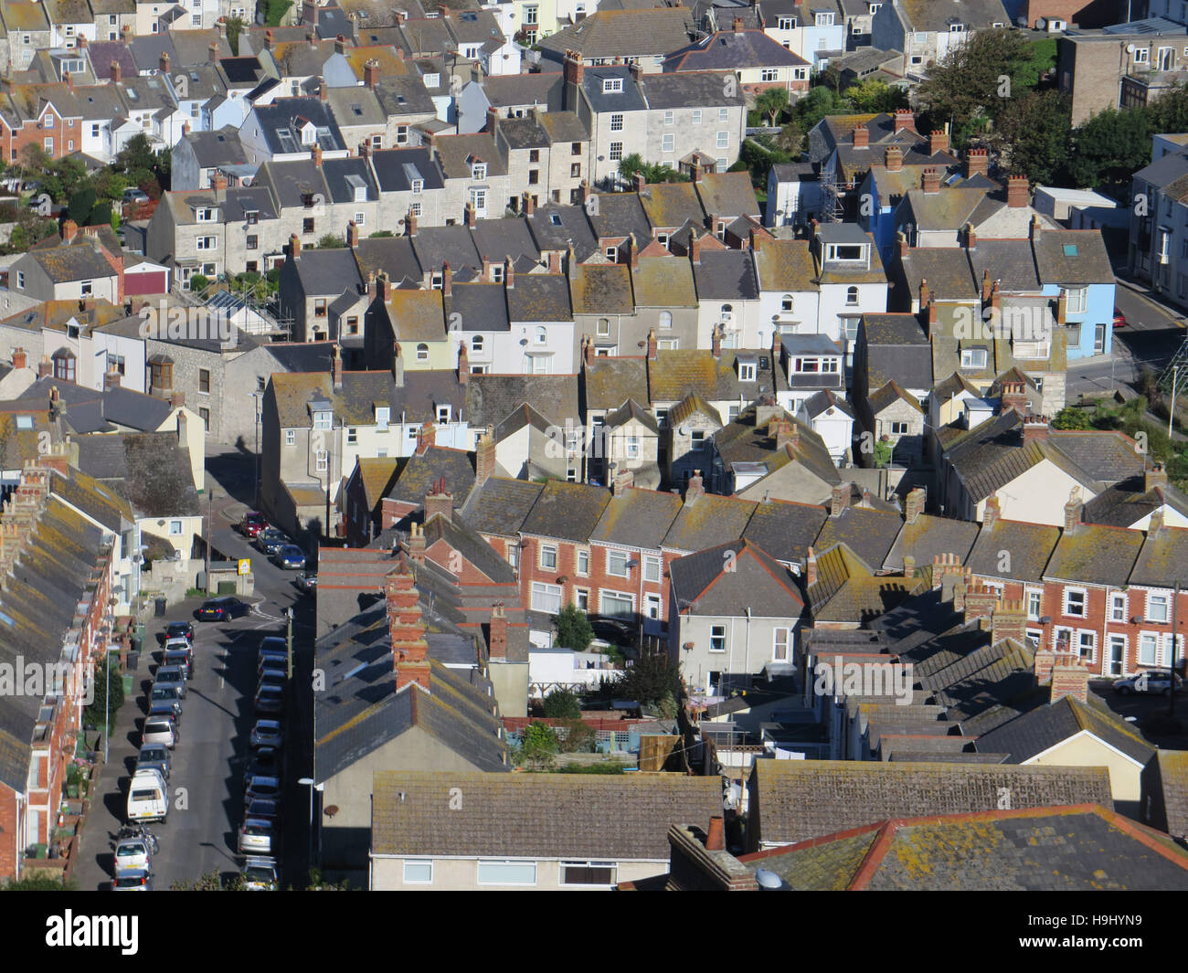 View from Portland over the village of Chesil, Dorset, England, UK Stock Photo