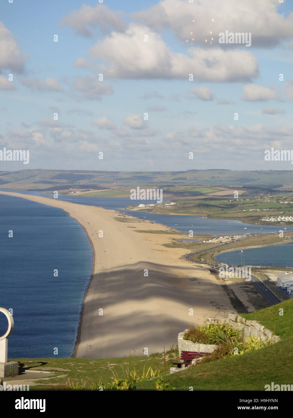 View from Portland over the village of Chesil along Chesil Beach, with