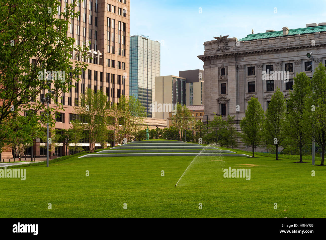 The lawn and concert seats in downtown Cleveland’s newly renovated Public Square Stock Photo