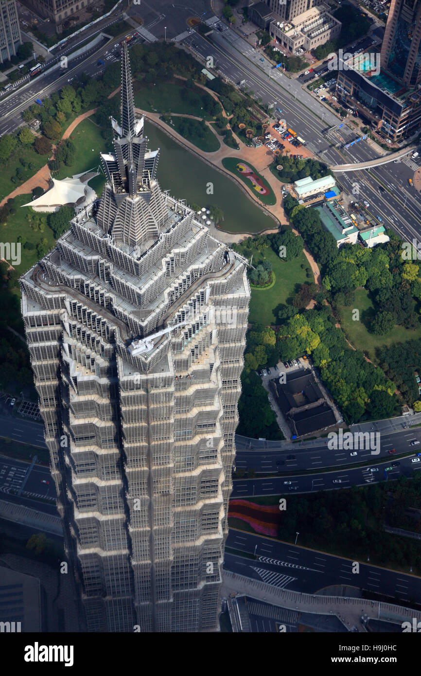 China, Shanghai, Pudong, Jinmao Tower, aerial view, Stock Photo