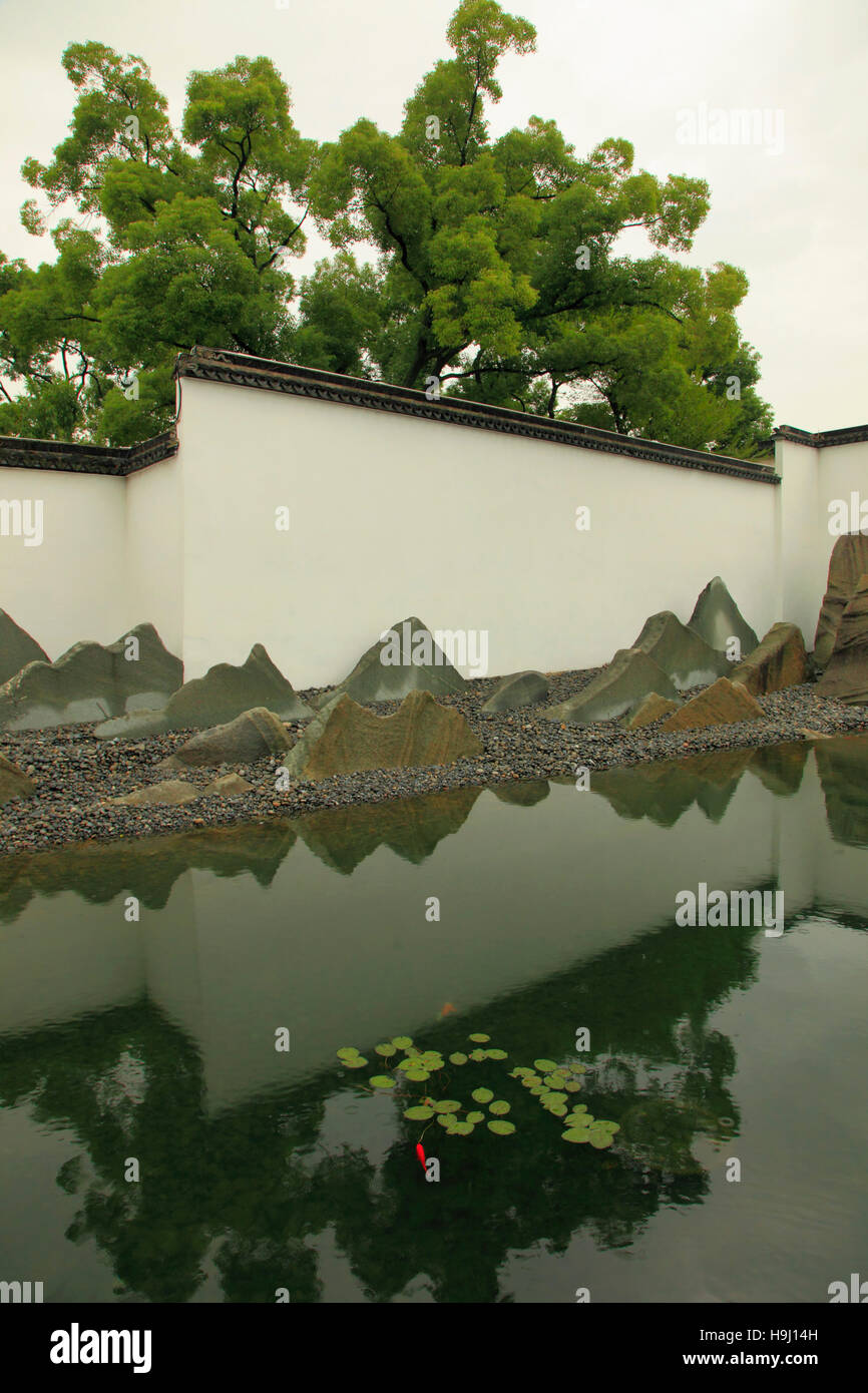 China, Jiangsu, Suzhou, Suzhou Museum, garden, pool, I.M. Pei architect, Stock Photo