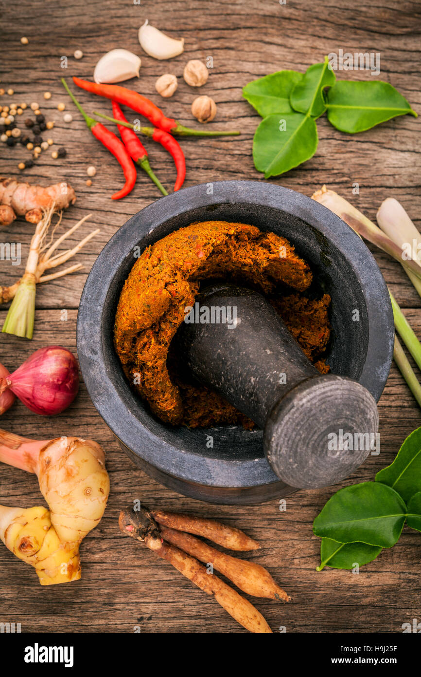 Assortment of Thai food Cooking ingredients and spice red curry Stock Photo
