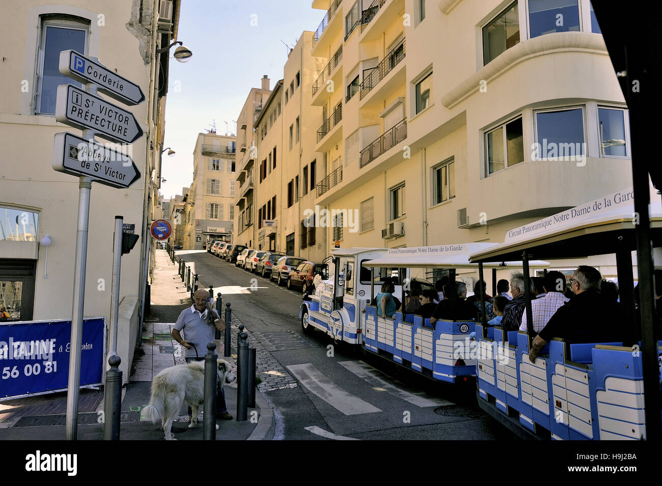 The tourist train from Marseille to Notre-Dame de la Garde basilica in Marseille iconic known as the Good Mother Stock Photo
