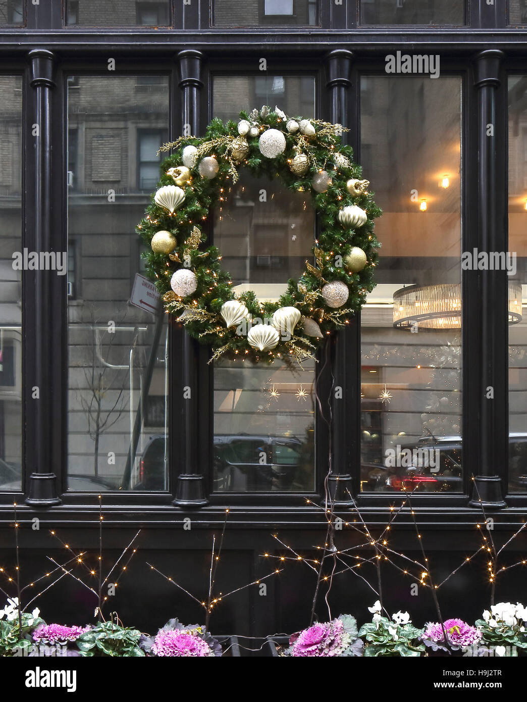 Detail of front facade of Hotel Belleclaire, 250 West 77th Street. Holiday Installations, NYC, United States. Architect: Barbra Scott Flowers, 2015. Stock Photo