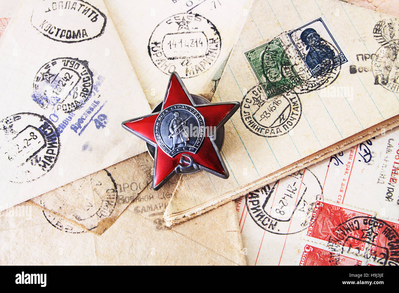 Military order ' Red Star' on the letters with the stamp 'Censorship looked' from World War Two , USSR 1941-1945 Stock Photo