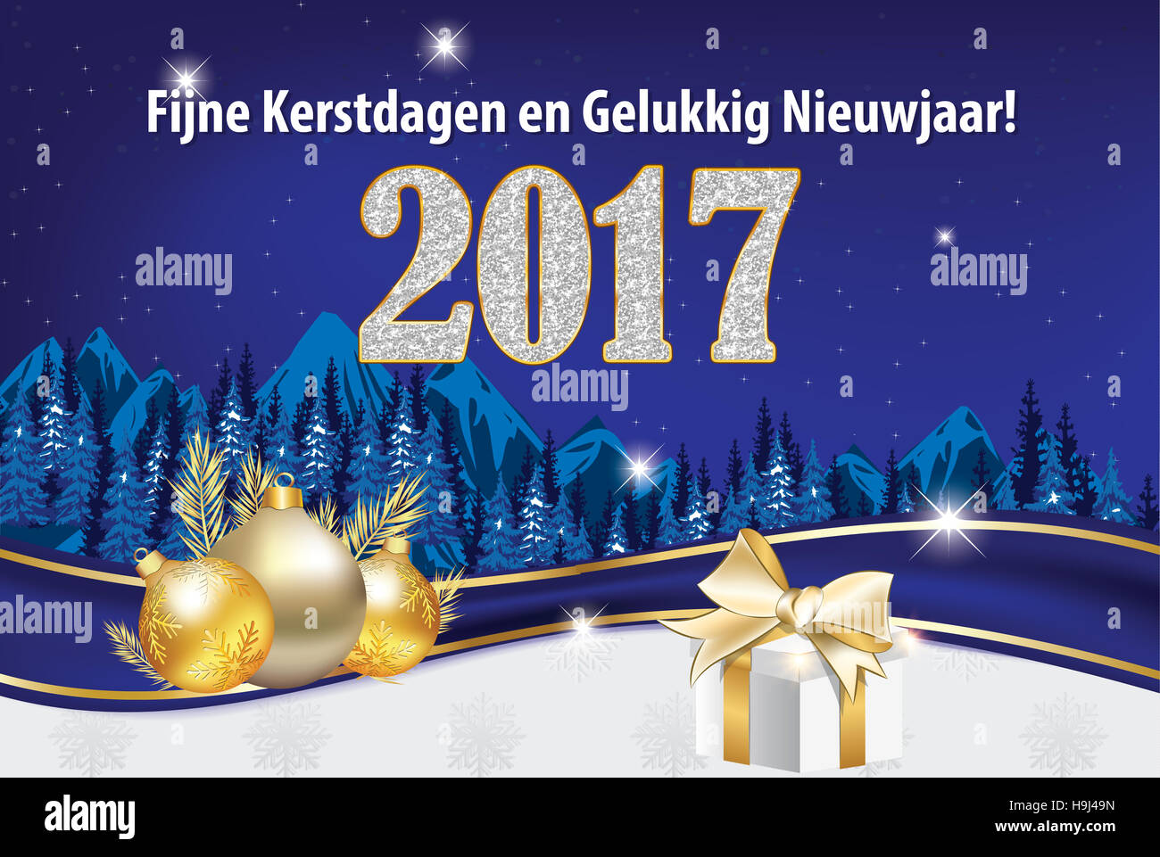 Nieuwjaarskaartje: Fijne Kerstdagen en Gelukkig Nieuwjaar! - winter kaartje om te versturen naar uw klanten of zakenpartner Stock Photo