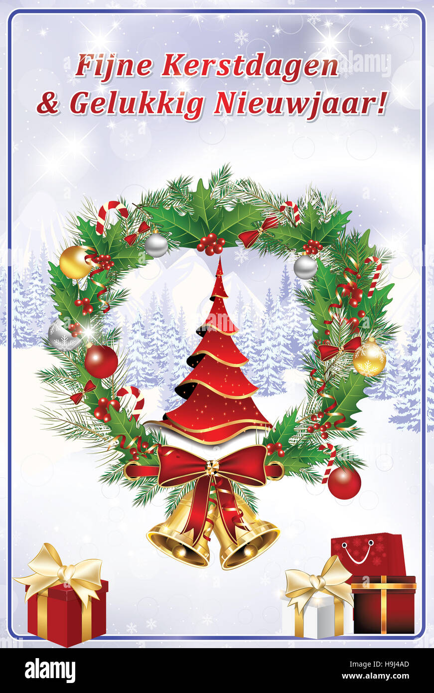 Nieuwjaarskaartje: Fijne Kerstdagen en Gelukkig Nieuwjaar! - winter kaartje om te versturen naar uw klanten of zakenpartner Stock Photo