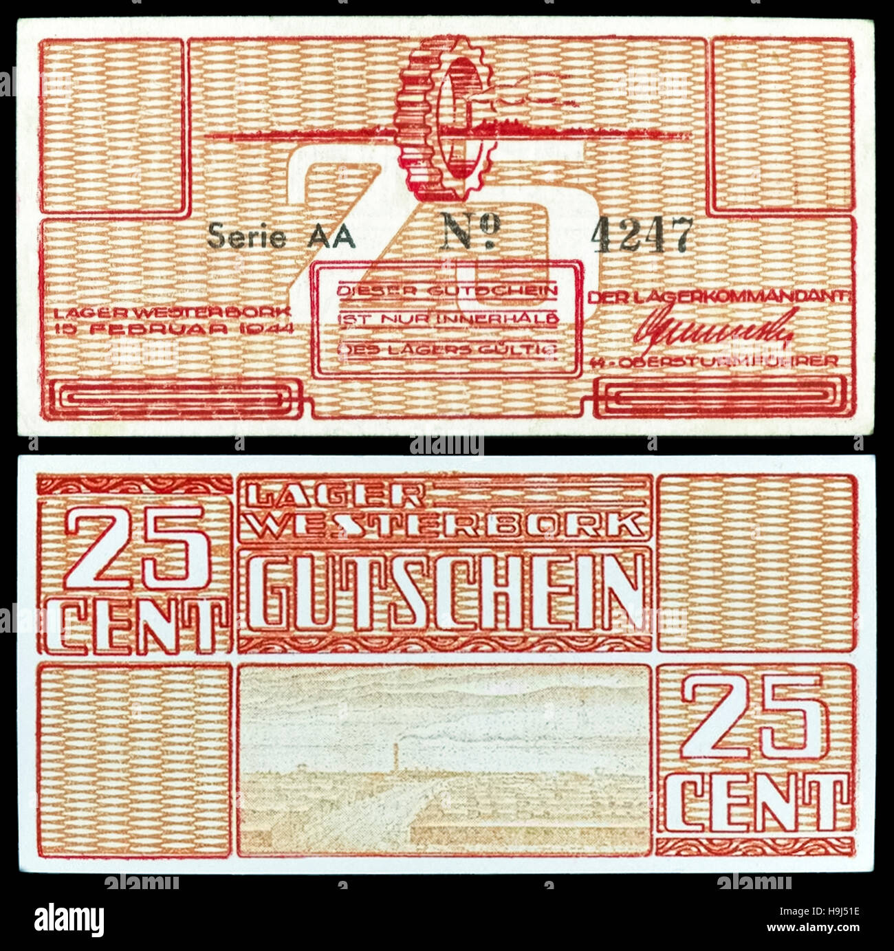 25 Cent Concentration camp currency issued by Westerbork transit camp in the Netherlands where over 100,000 Dutch Jews, including Anne Frank, were kept prior to transportation to concentration camps for execution; less than 5,000 survived. The Nazi’s issued the money to labourers who could exchange them for items and food within the camp. See description for more information Stock Photo