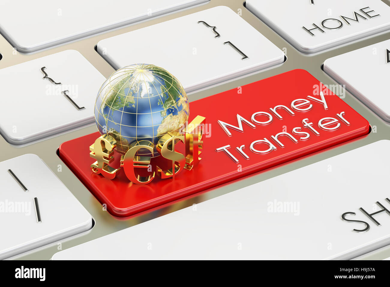 Money Transfer concept on red keyboard button, 3D rendering Stock Photo