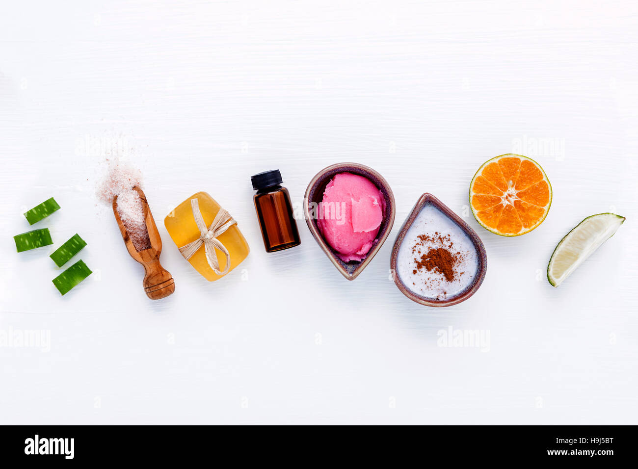 Homemade skin care and body scrubs with natural ingredients aloe Stock Photo