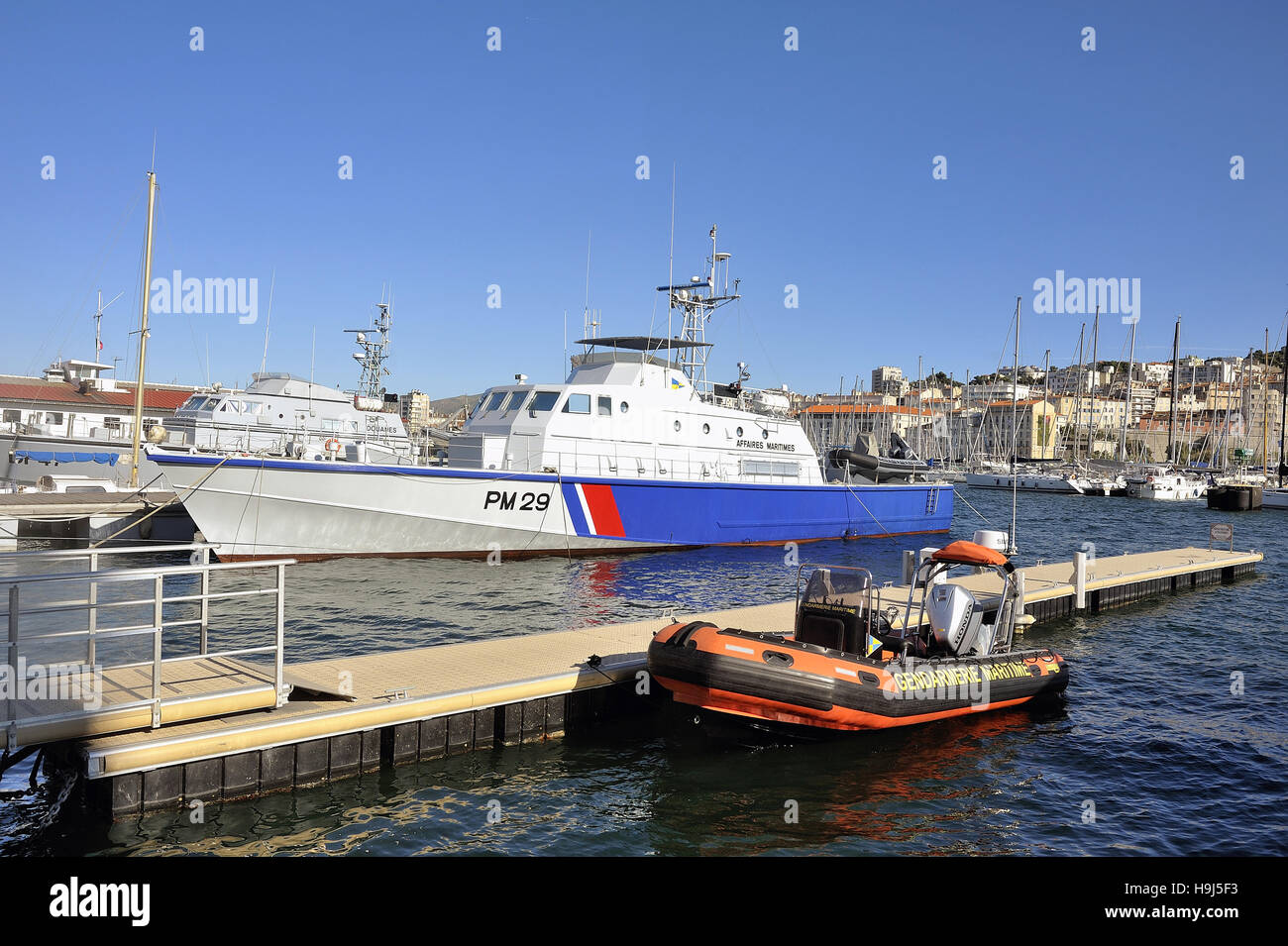 Ship of the French coastguard dock in the old port of Marseille Stock Photo