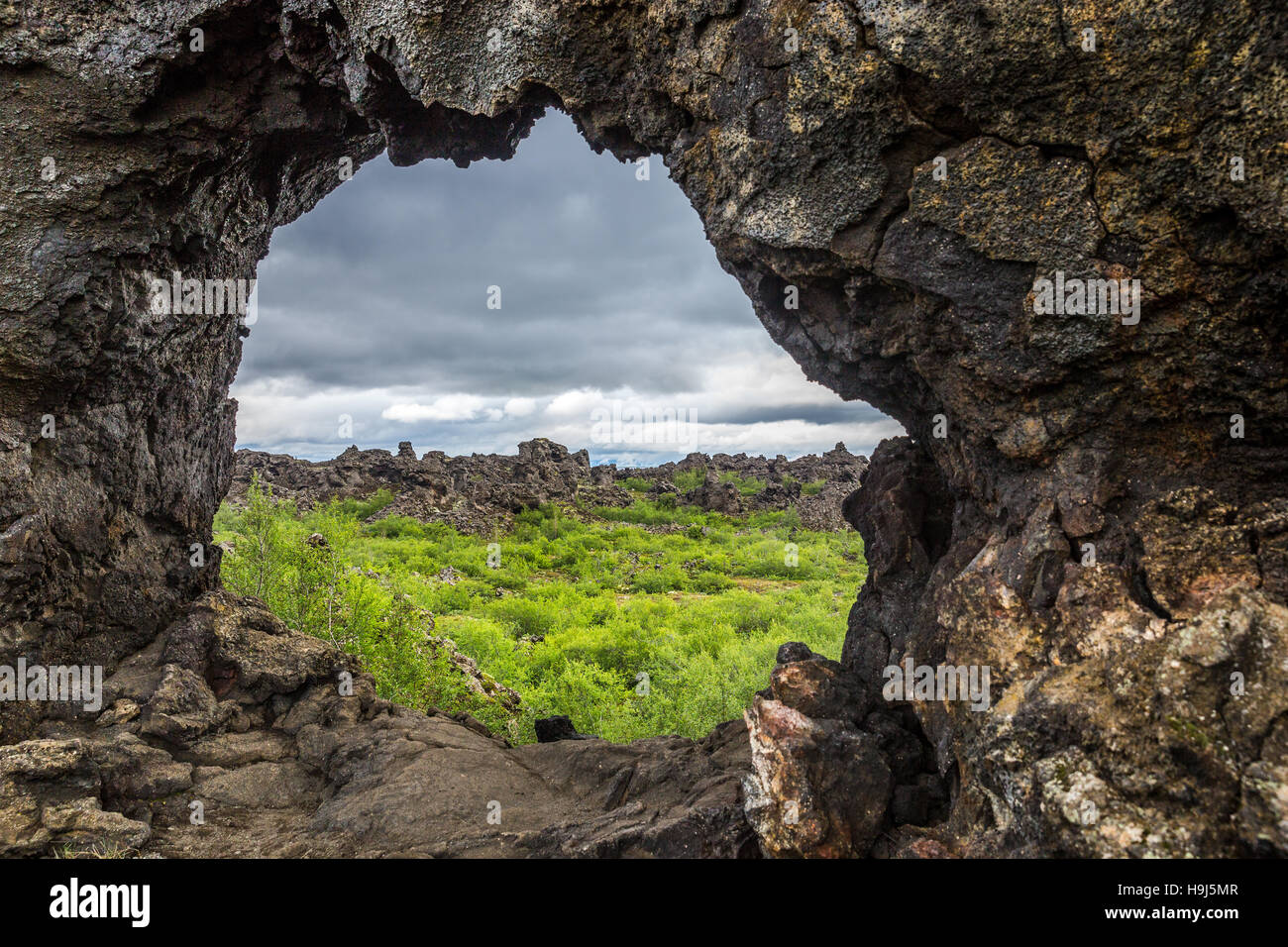 Dimmuborgir, Iceland, troll area, rock window, eye through the rocks, lava field, volcano, volcanic area, nordic, Stock Photo