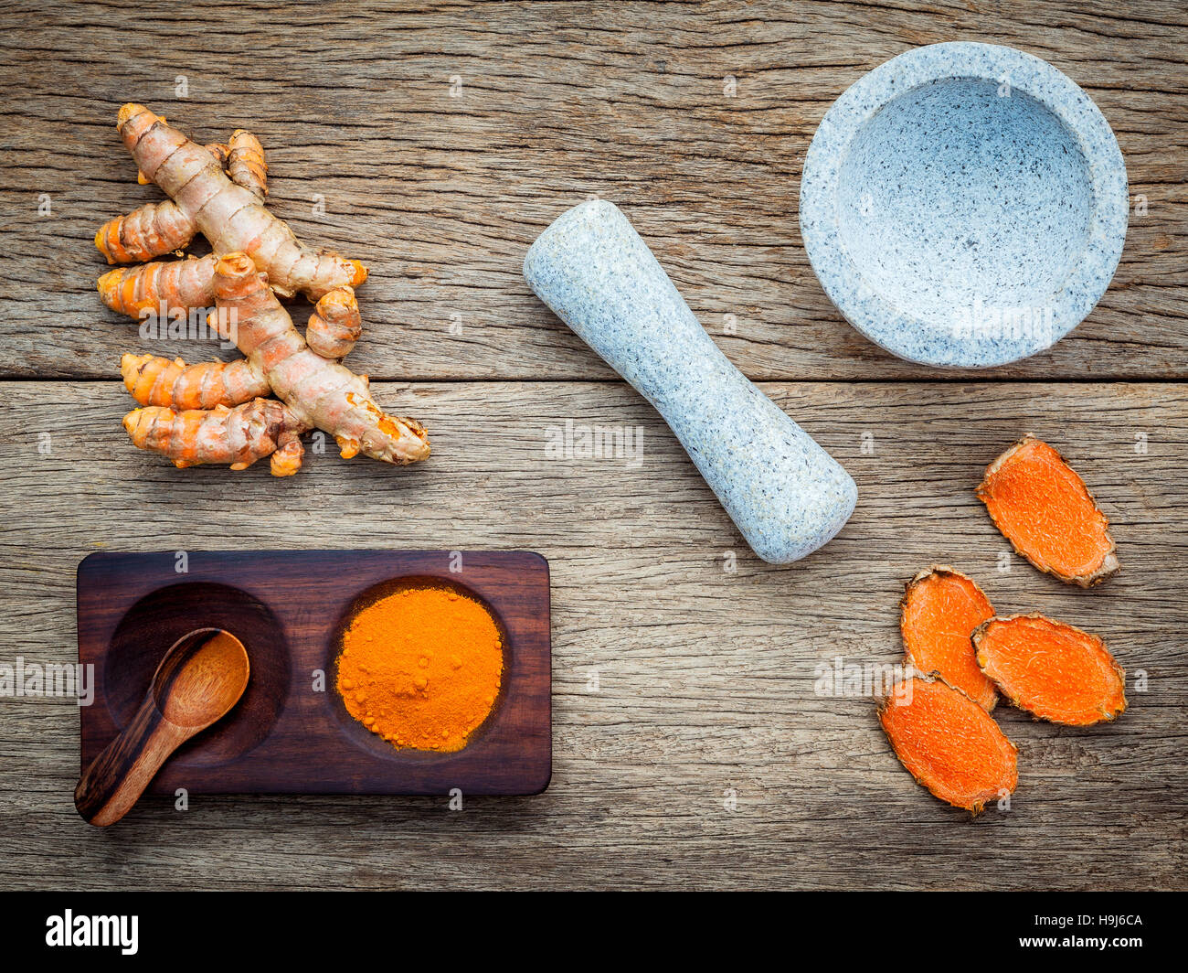 Alternative ingredients for skin care. Homemade scrub curcumin p Stock Photo