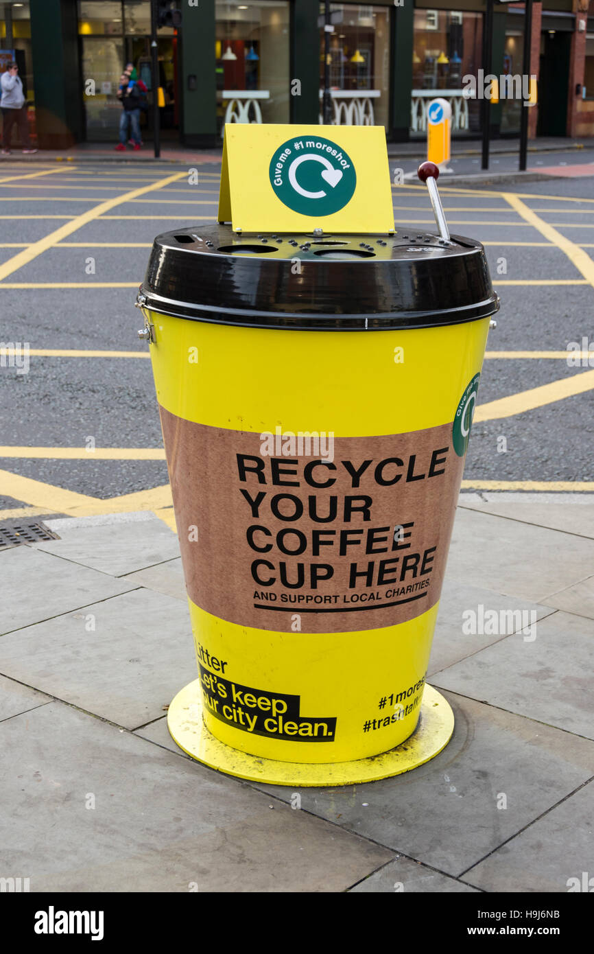 Coffee cup recycling bin, Oxford Street, Manchester city centre, England, UK Stock Photo