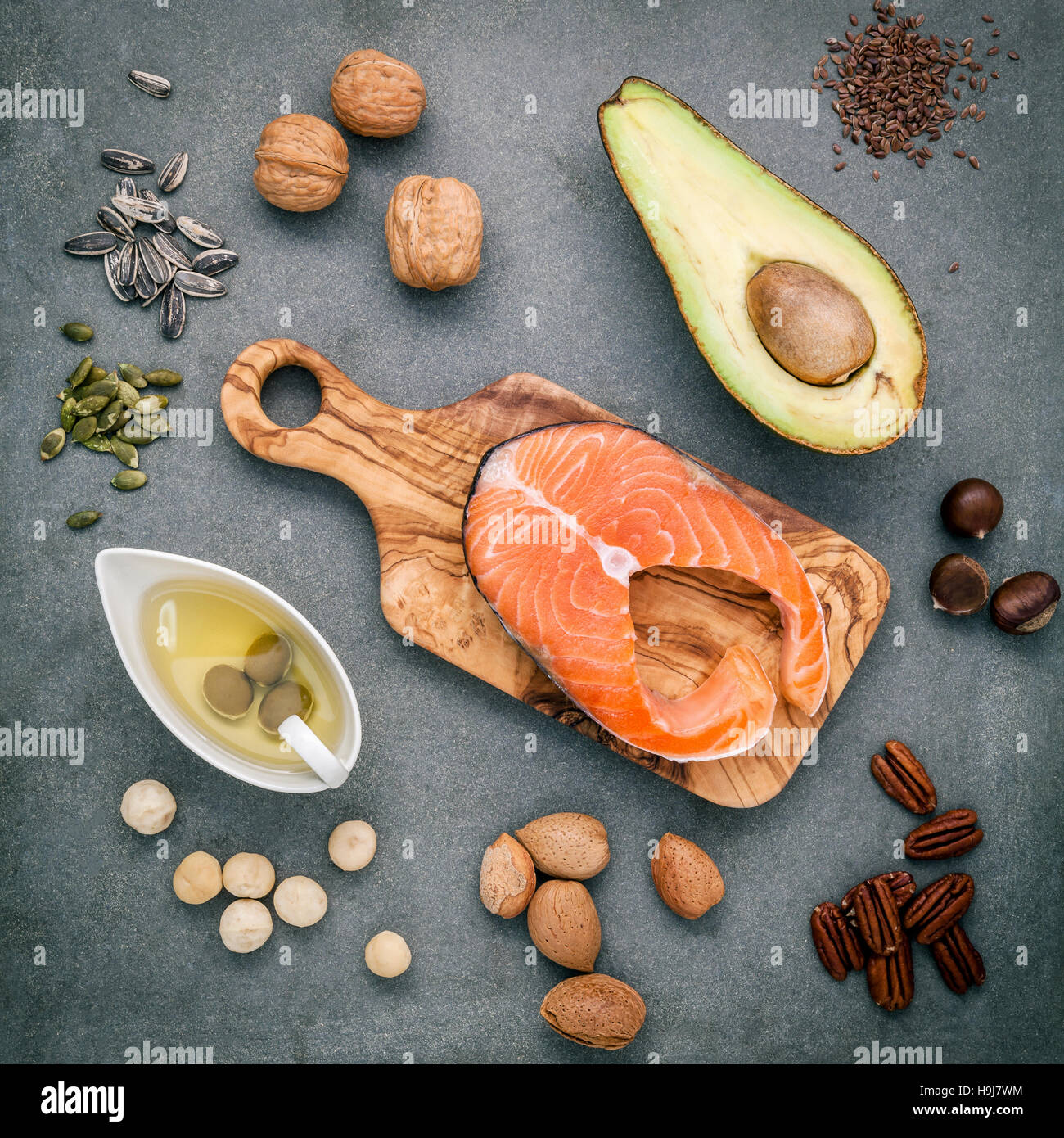 Selection food sources of omega 3 and unsaturated fats. Super fo Stock Photo