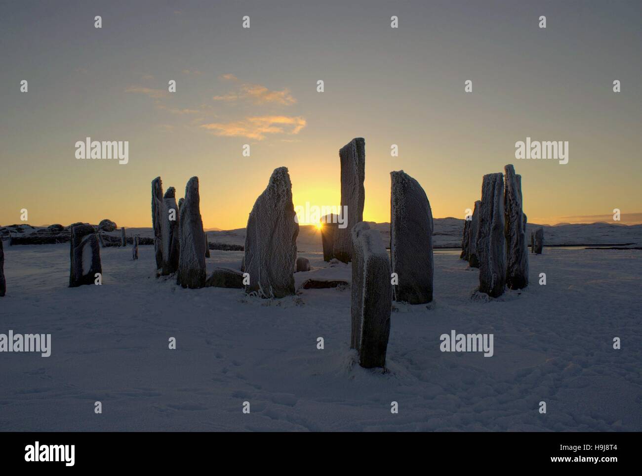 The Callanish Stones in Scotland at sunset. Stock Photo