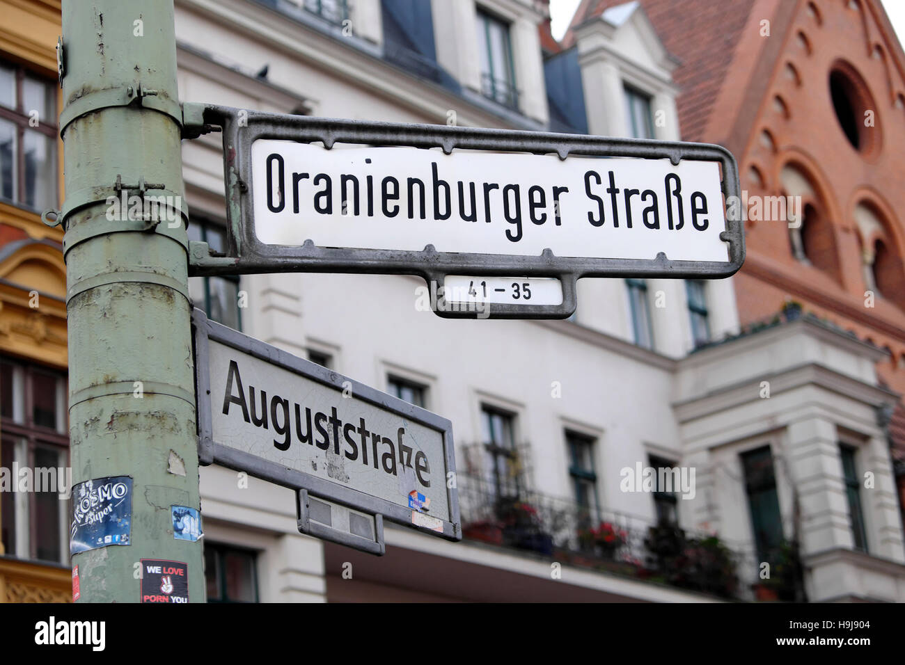 Oranienburger Strasse and Auguststrasse street signs in Berlin November 2016 Germany, Europe  KATHY DEWITT Stock Photo