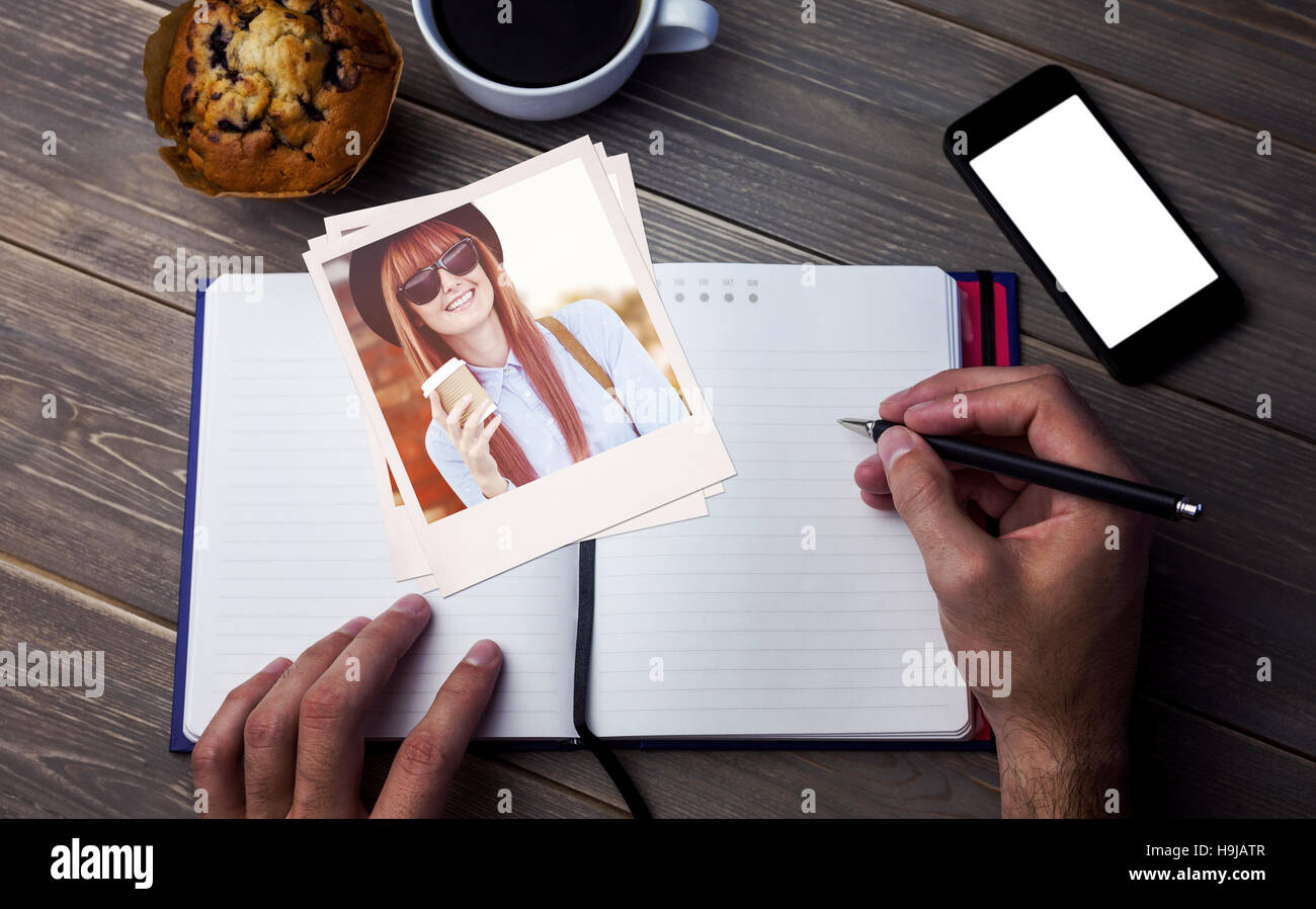 Composite image of smiling hipster woman drinking coffee Stock Photo