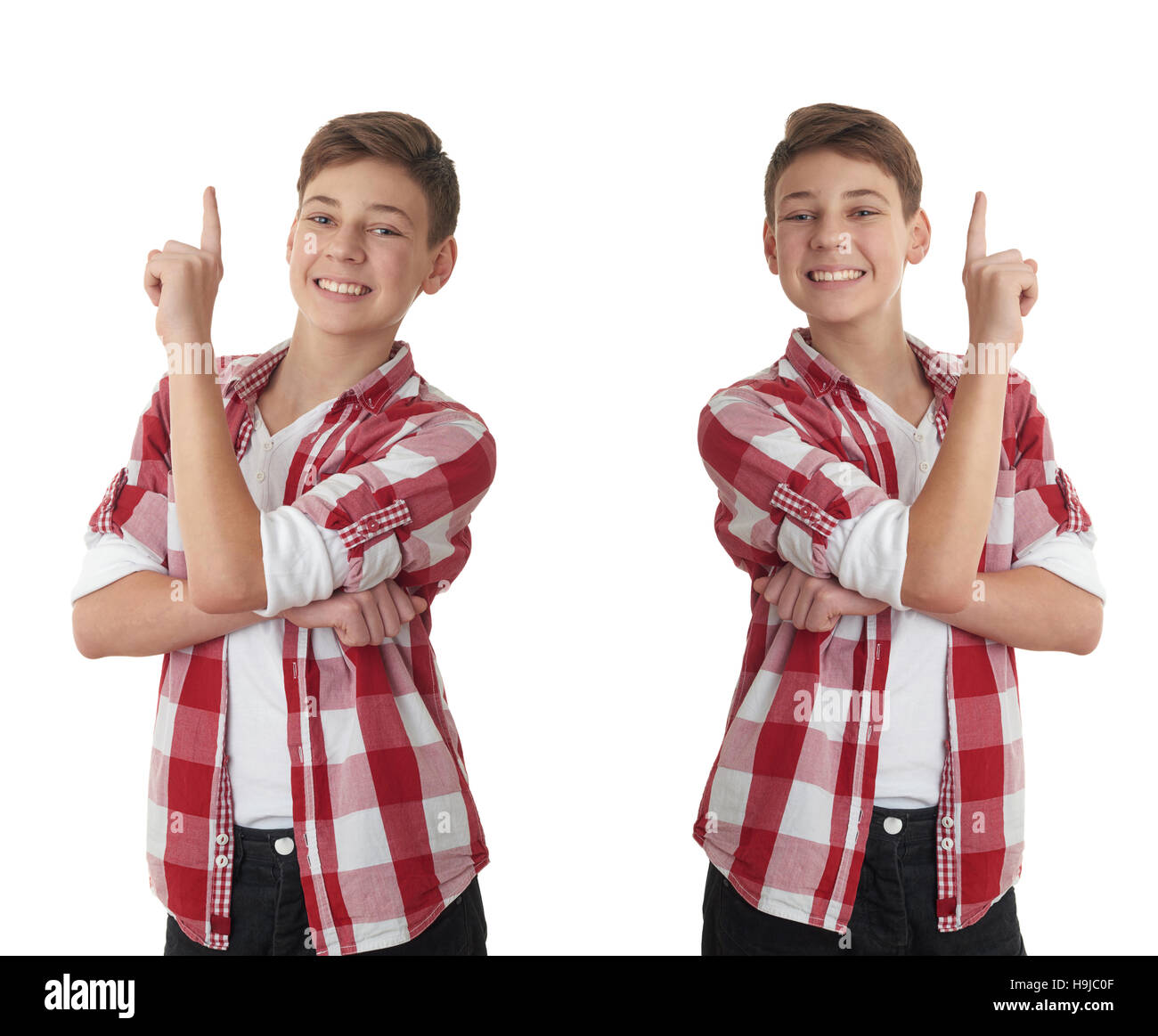 Set of cute teenager boy in red checkered shirt edifying over white isolated background, half body Stock Photo