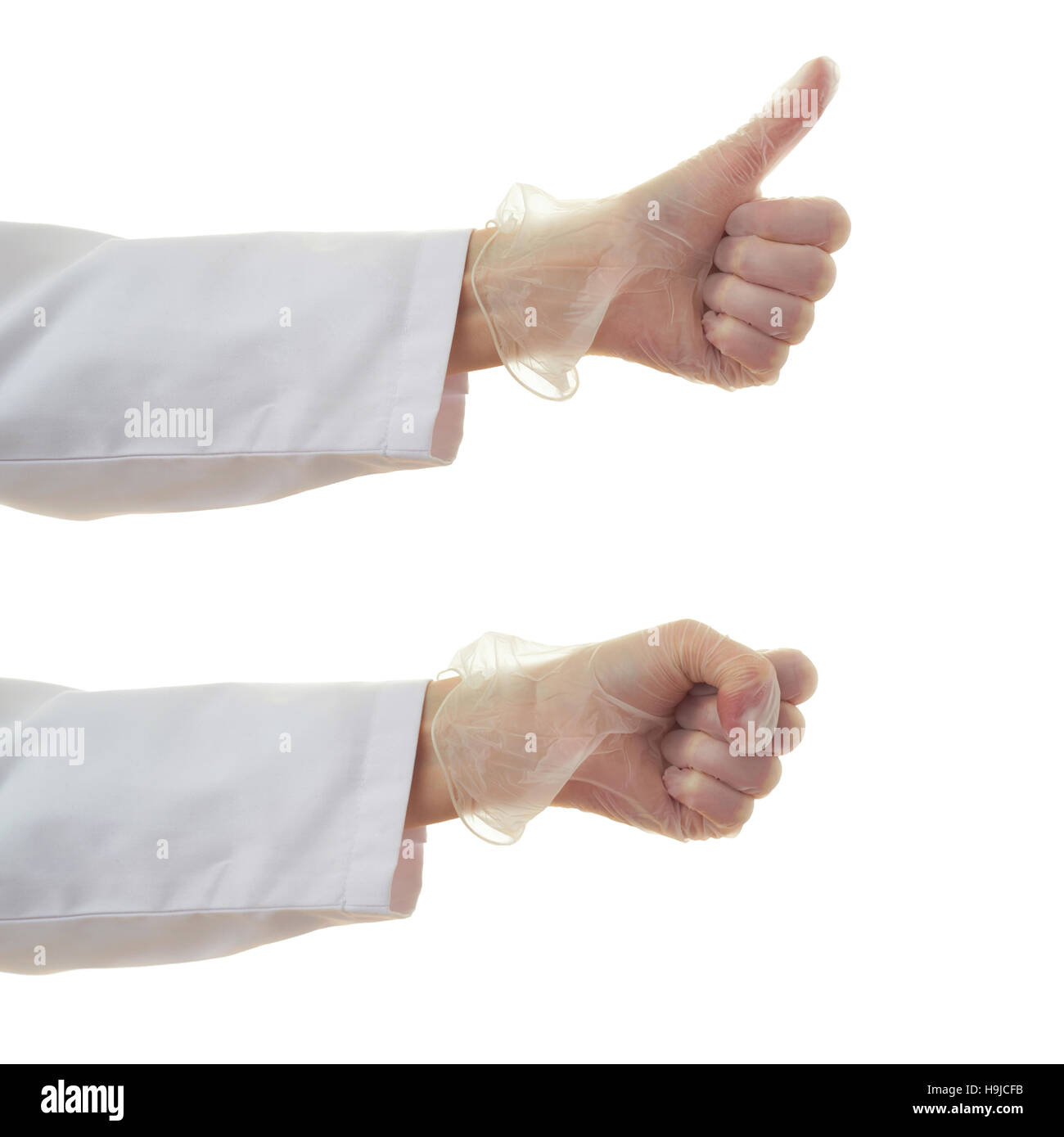 Set of doctor female hand in rubber glove gestures over white isolated background Stock Photo