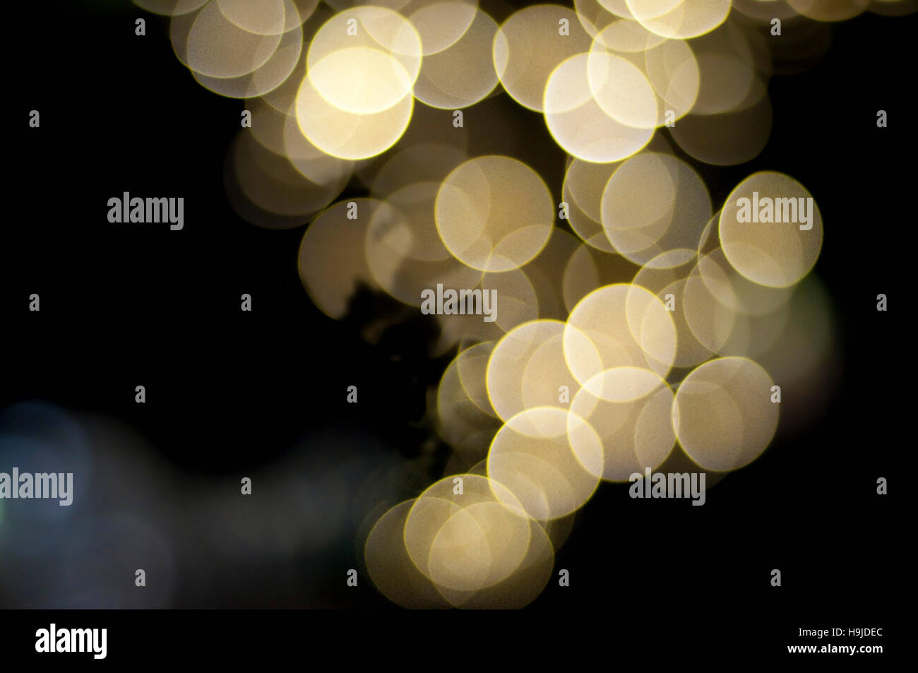 Festive yellow and white lights boke (blur) in landscape orientation that look like grapes Stock Photo