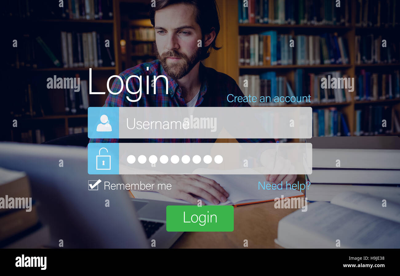 Login screen with hipster in library and laptop Stock Photo