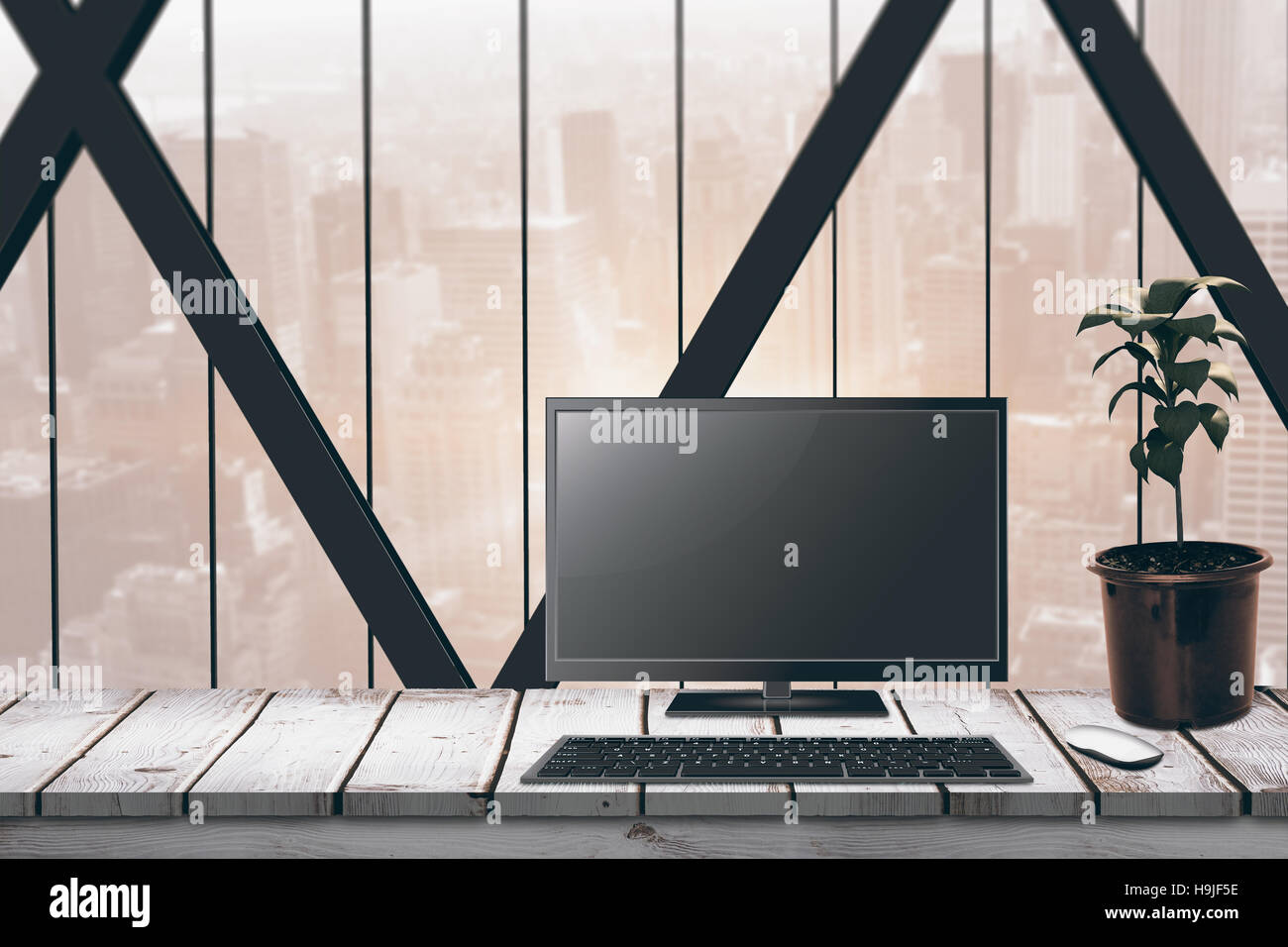 Composite image of a computer over a desk Stock Photo - Alamy