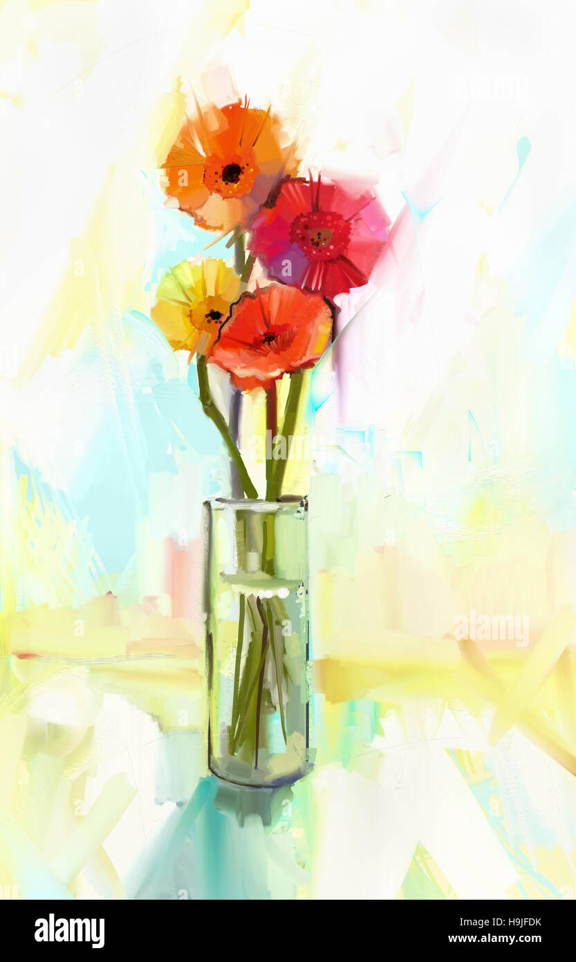 Abstract oil painting of spring flowers . Still life a bouquet of yellow  and red gerbera flowers in glass vase. Hand Painted floral Impressionist  styl Stock Photo - Alamy
