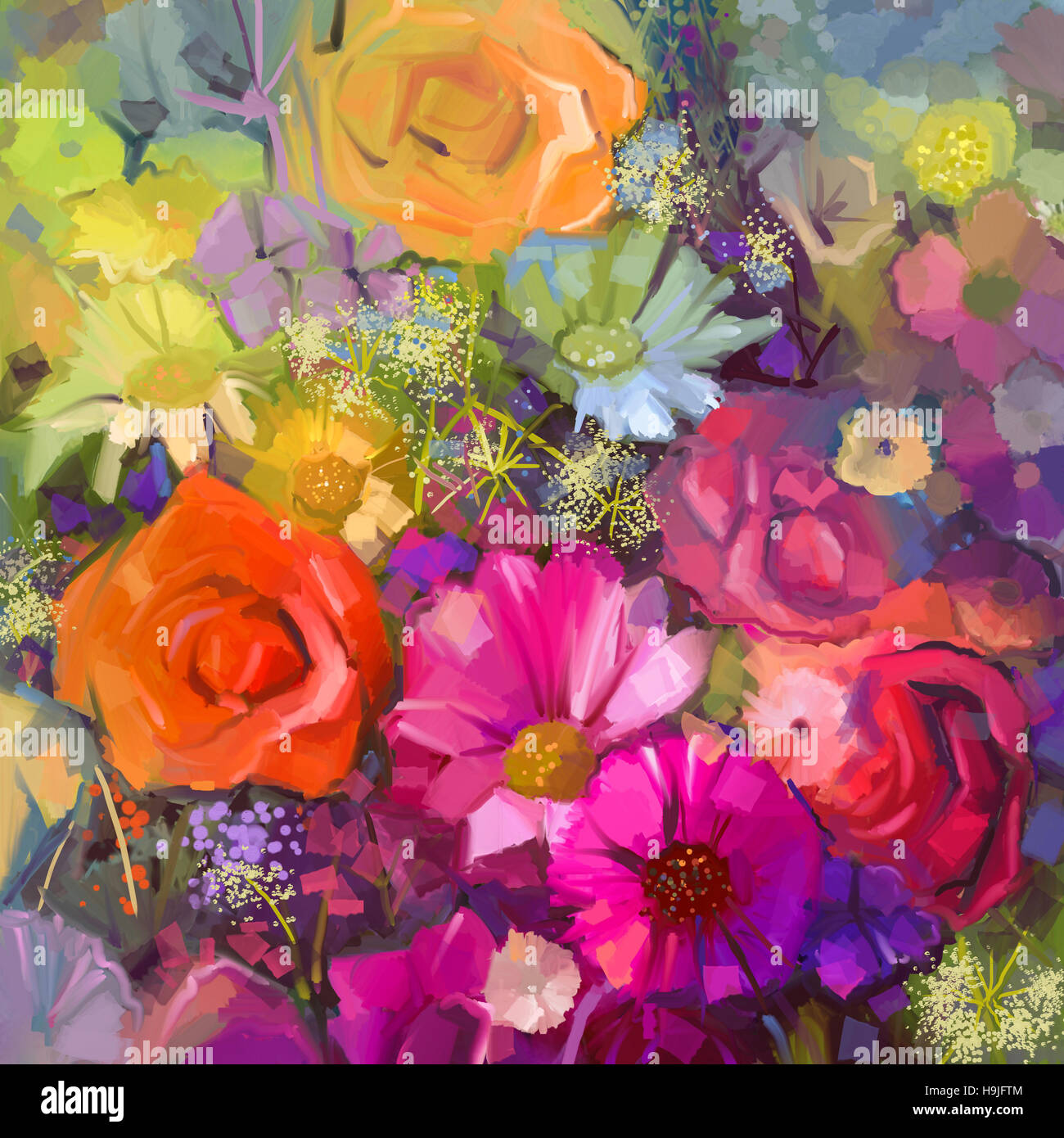 Still life of yellow and red colour flowers .Oil painting a bouquet of ...