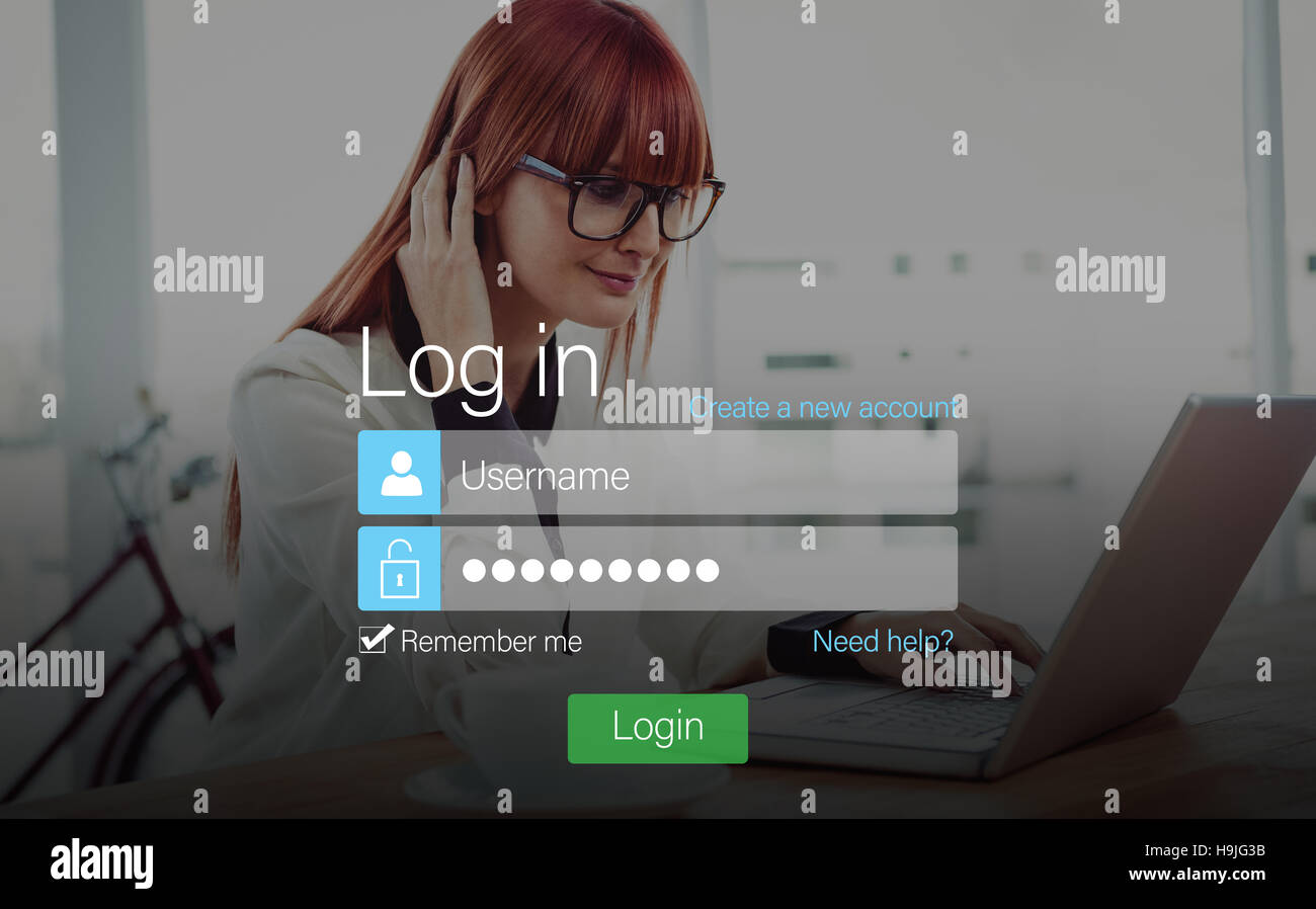 Login screen with redheaded woman and laptop Stock Photo