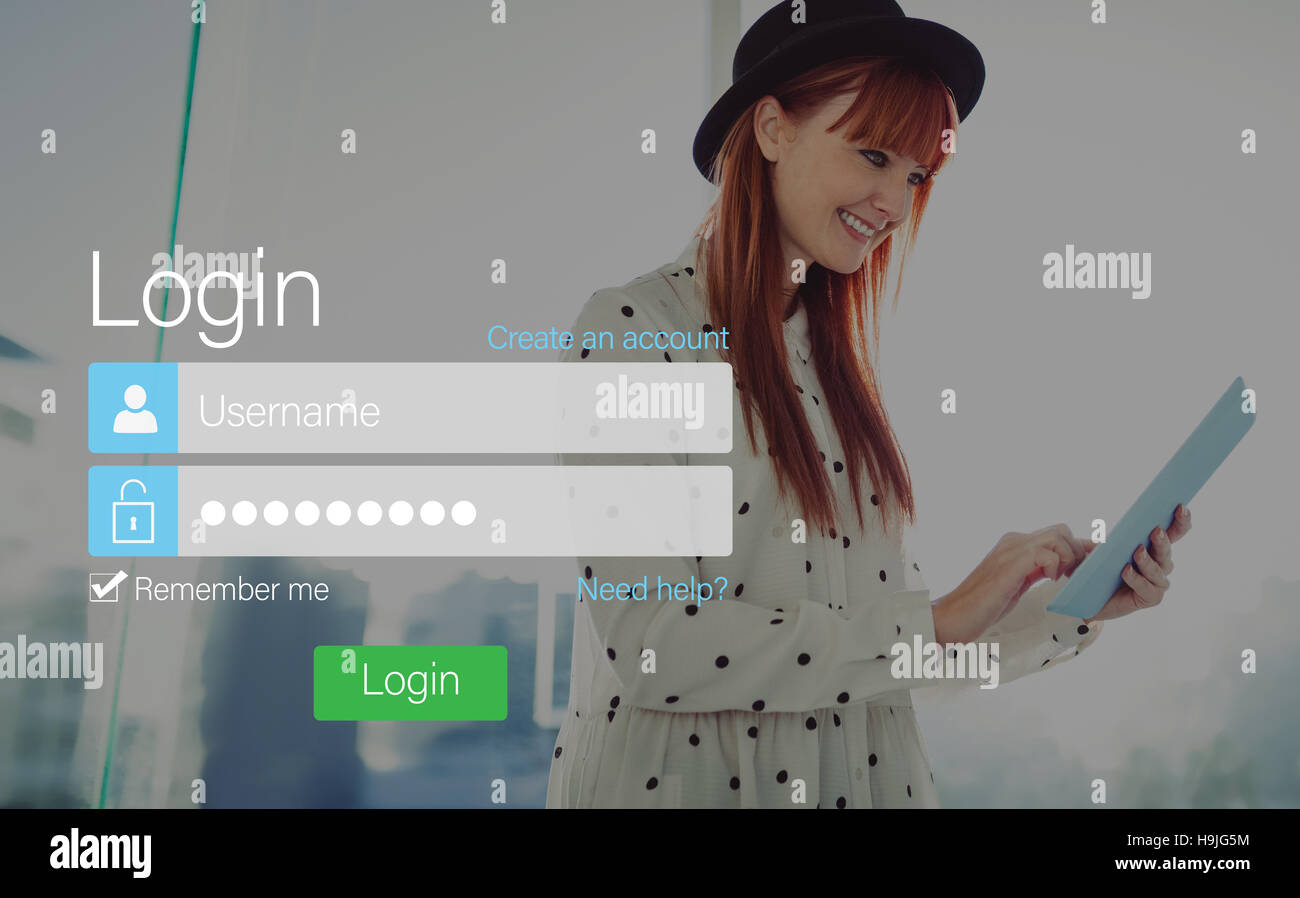 Login screen with redheaded woman and pad Stock Photo