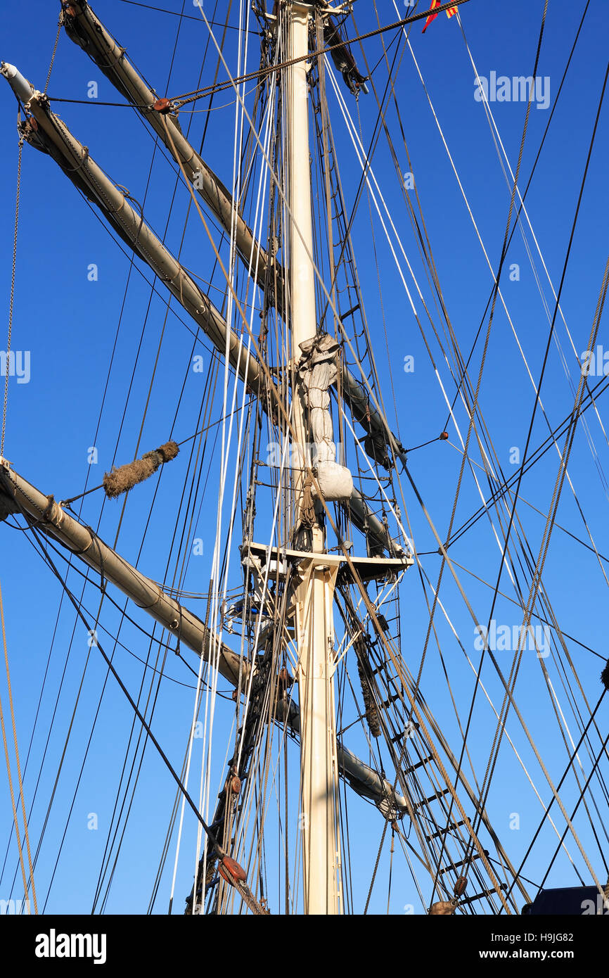 Closeup of sailing ship mast against blue sky Stock Photo - Alamy