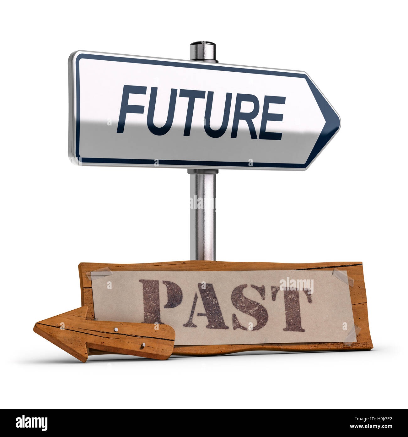 3D illustration of two road signs the first one is modern with the text future and the second one is an old wooden sign with the word past. Business c Stock Photo