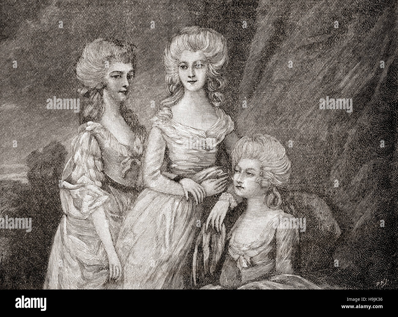 The three eldest daughters of King George III. From left to right: Charlotte, Princess Royal, 1766 –1828. She was Queen of Württemberg as the wife of King Frederick;  Princess Augusta Sophia of the United Kingdom, 1768 – 1840 and Princess Elizabeth of the United Kingdom, 1770 – 1840. Stock Photo