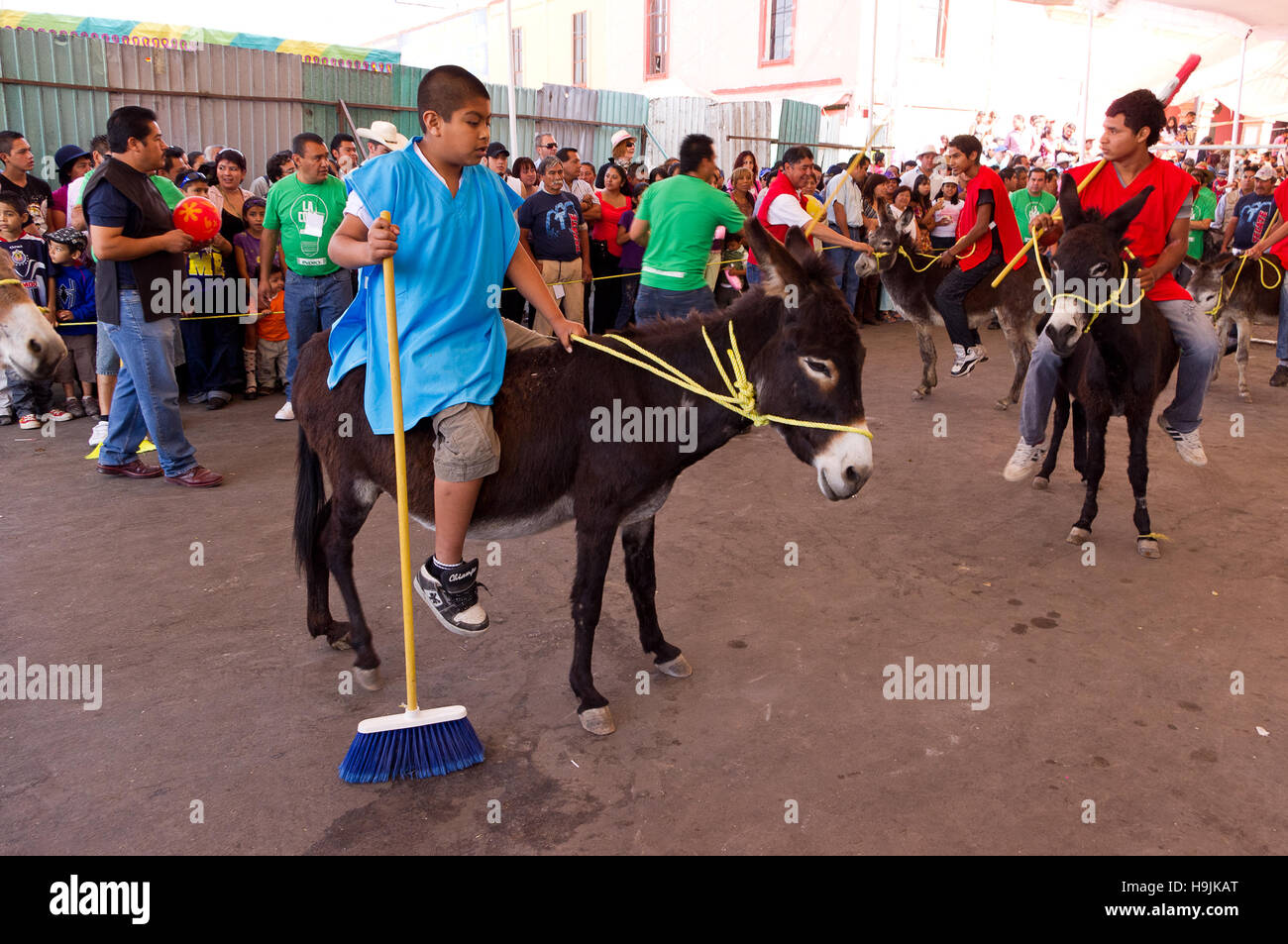 Polo game riding a donkey during the Donkey fair (Feria del burro) in Otumba, Mexico Stock Photo