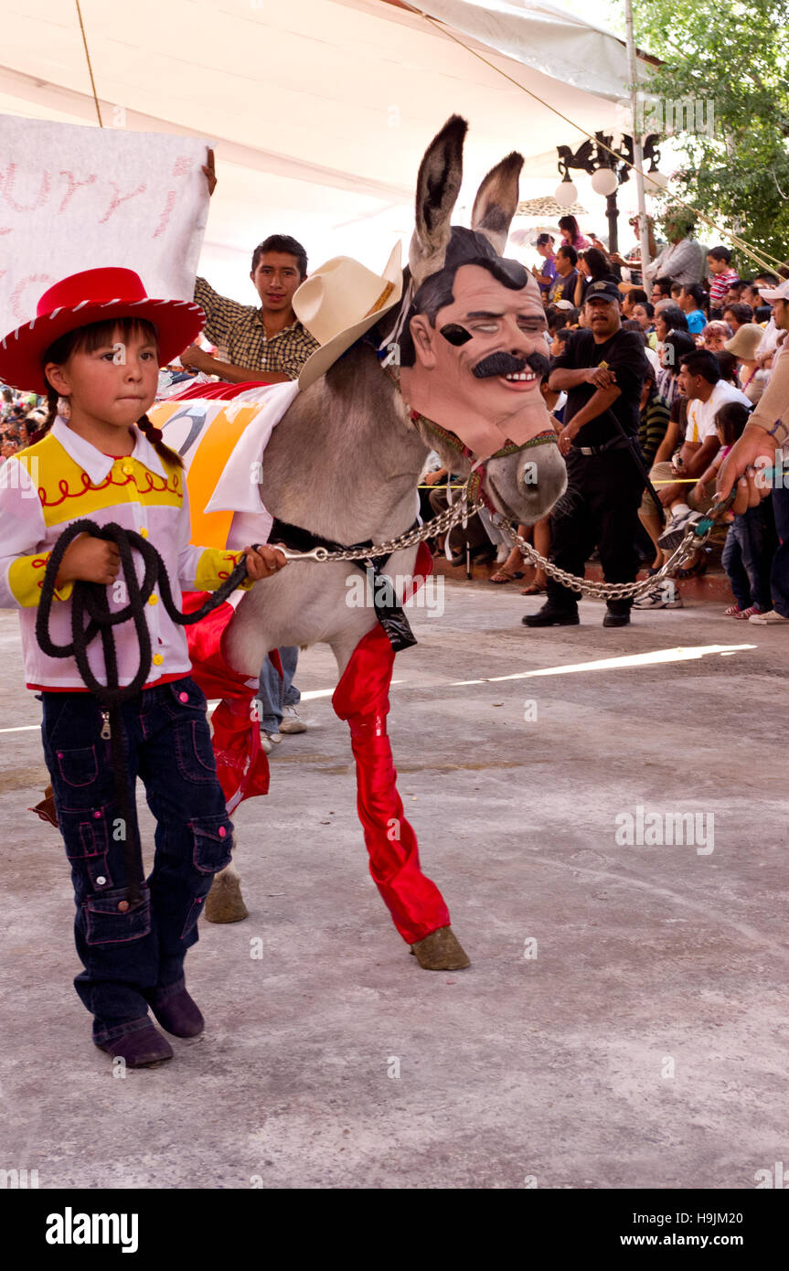 Donkey with a Vicente Fox (Mexico´s ex-president) mask during the Donkey Fair (Feria del burro) in Otumba, Mexico Stock Photo